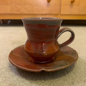 Handmade Ceramic Glazed Painted Brown/Blue Rustic Coffee Mug & Saucer Set